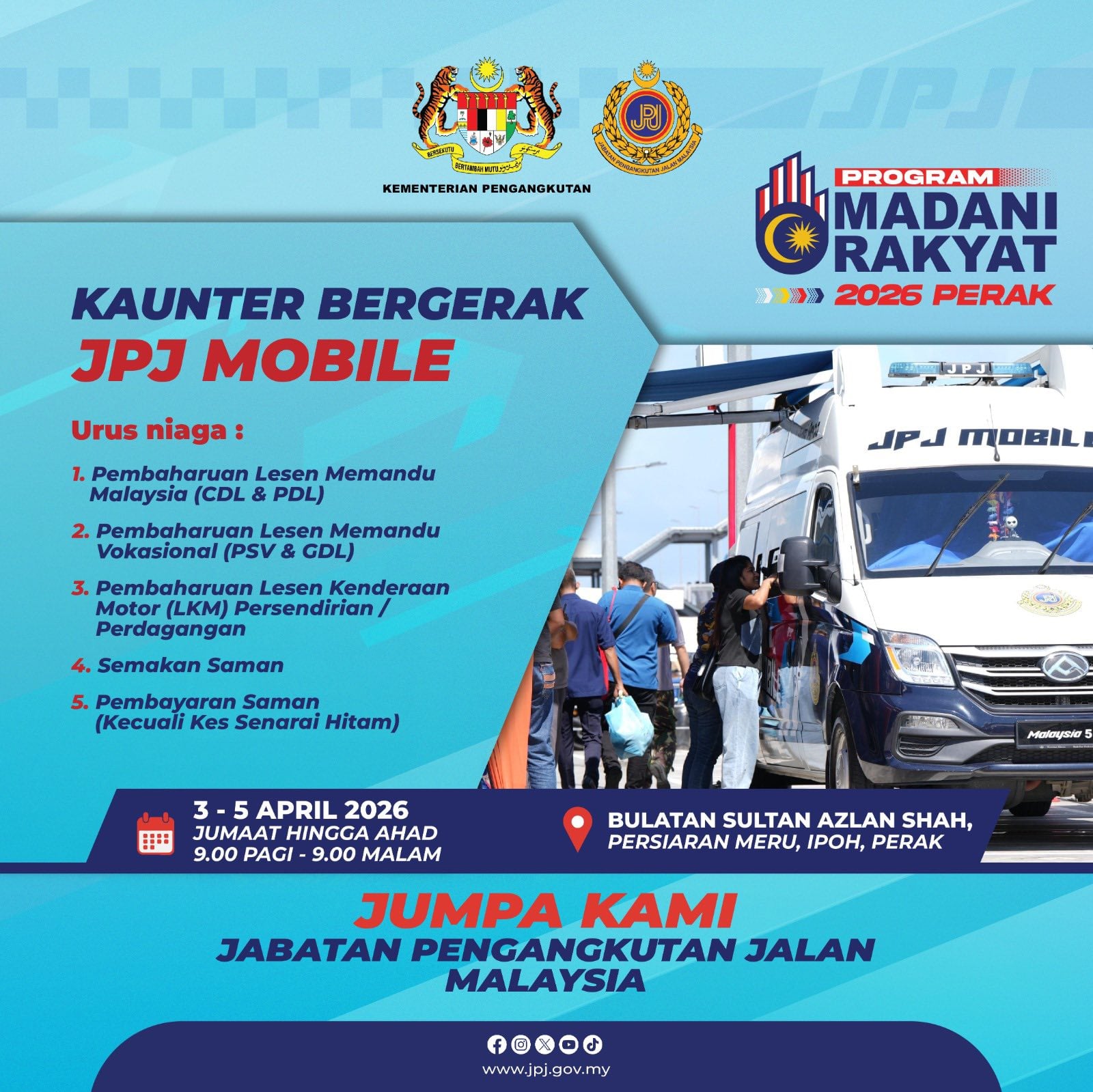 Poster JPJ di Program Madani Rakyat 2026 Perak menunjukkan perkhidmatan yang ditawarkan
