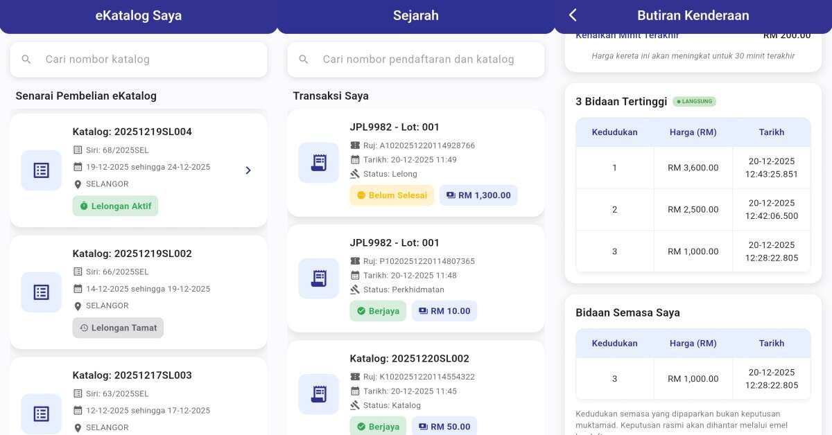 JPJvBid app showing vehicle details, starting price, and bid increments