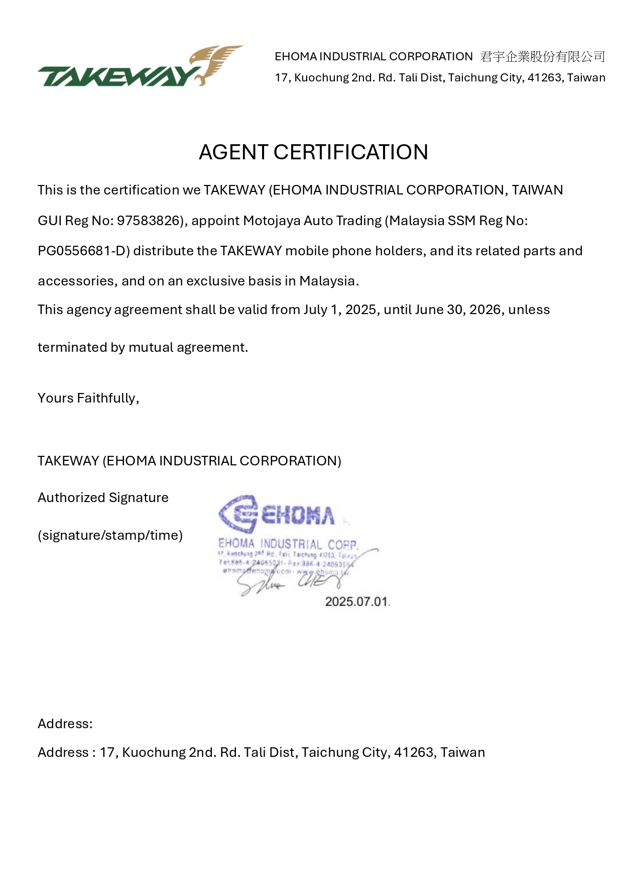 MotoJaya Takeway Authorized Dealer Certificate